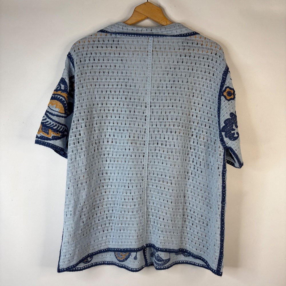 Manfinity Button Down Shirt Mens XL Blue Paisley Crochet Open Knit Short Sleeve - Picture 5 of 8